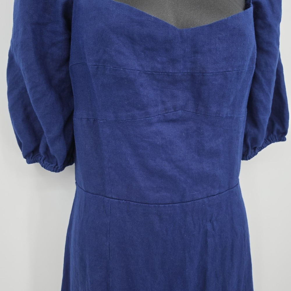 REFORMATION Belgium Linen Midi Dress Navy Blue Side Slit Puff Sleeve Sz 12 - Picture 6 of 16